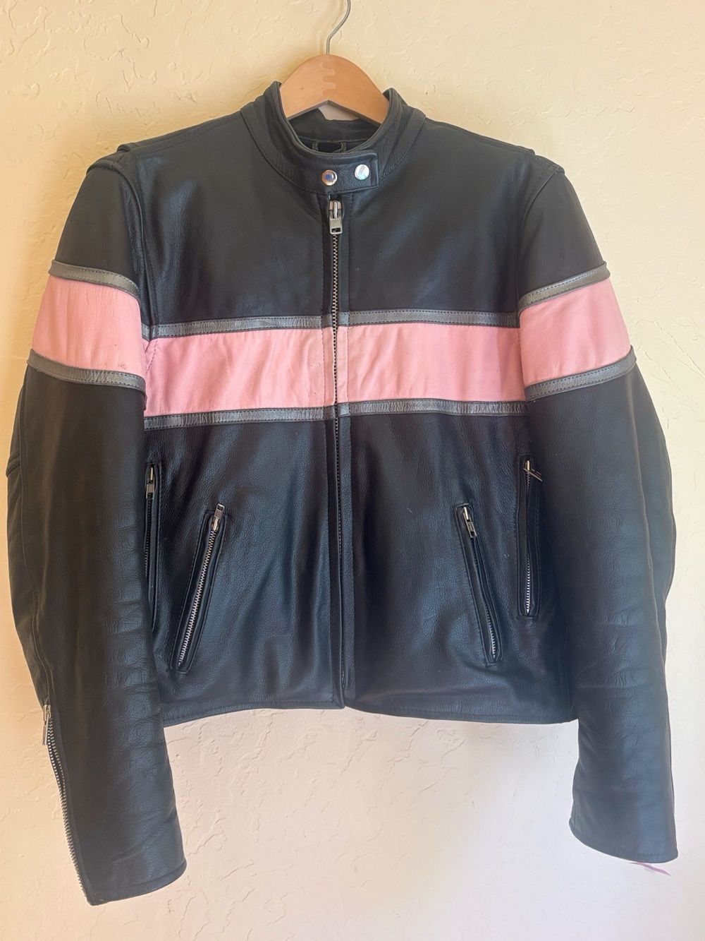 Vintage Unik Leather Moto Jacket Black & Pink | Women’s Zip-Up Motorcycle Jacket